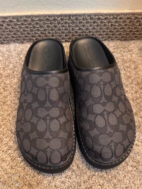 Coach Charcoal and Black Monogram Slip-On Clogs